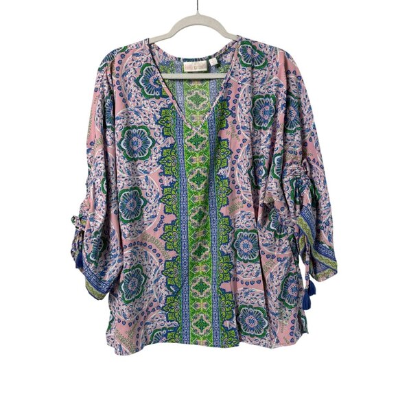 Belle By Kim Gravel Medallion Ruched Sleeve Blouse Size L Pink Green V Neck Boho - Picture 1 of 11